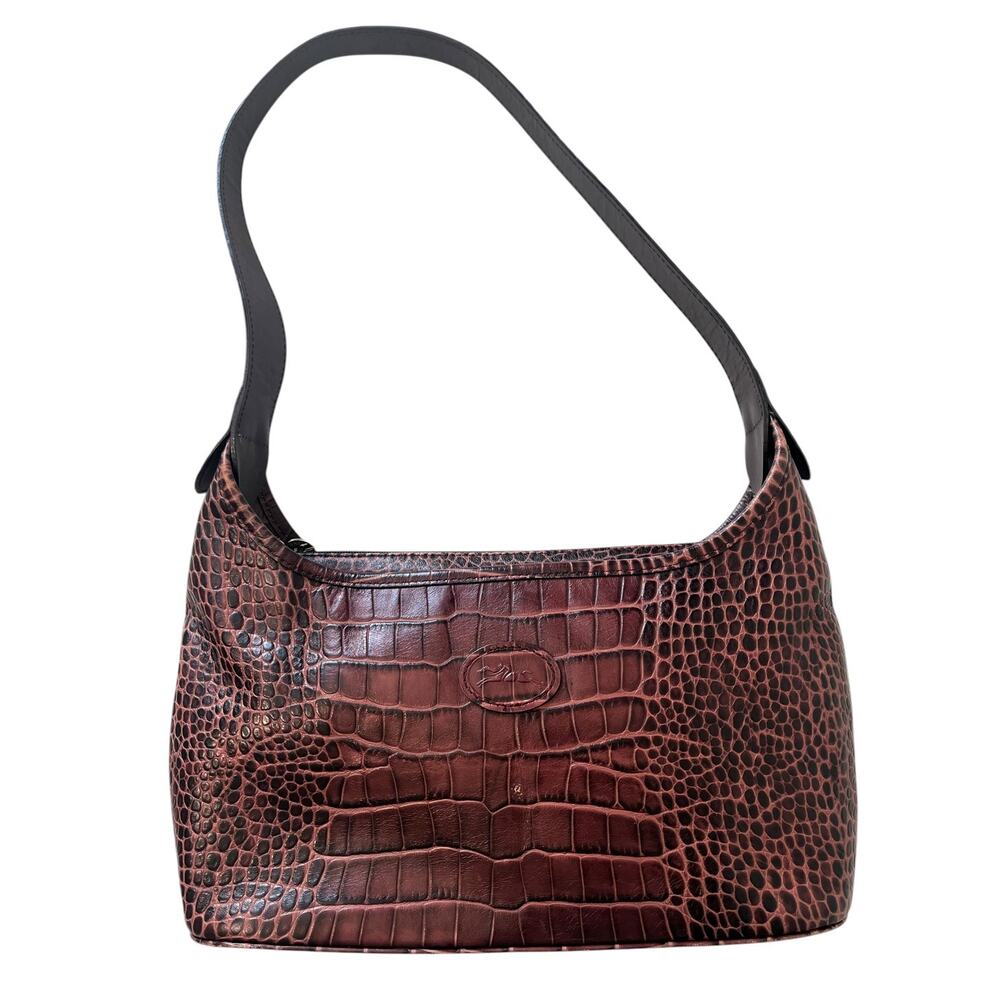 Longchamp Le Foulonné Vintage Burgundy Croc Embossed Leather Shoulder Bag Y2K